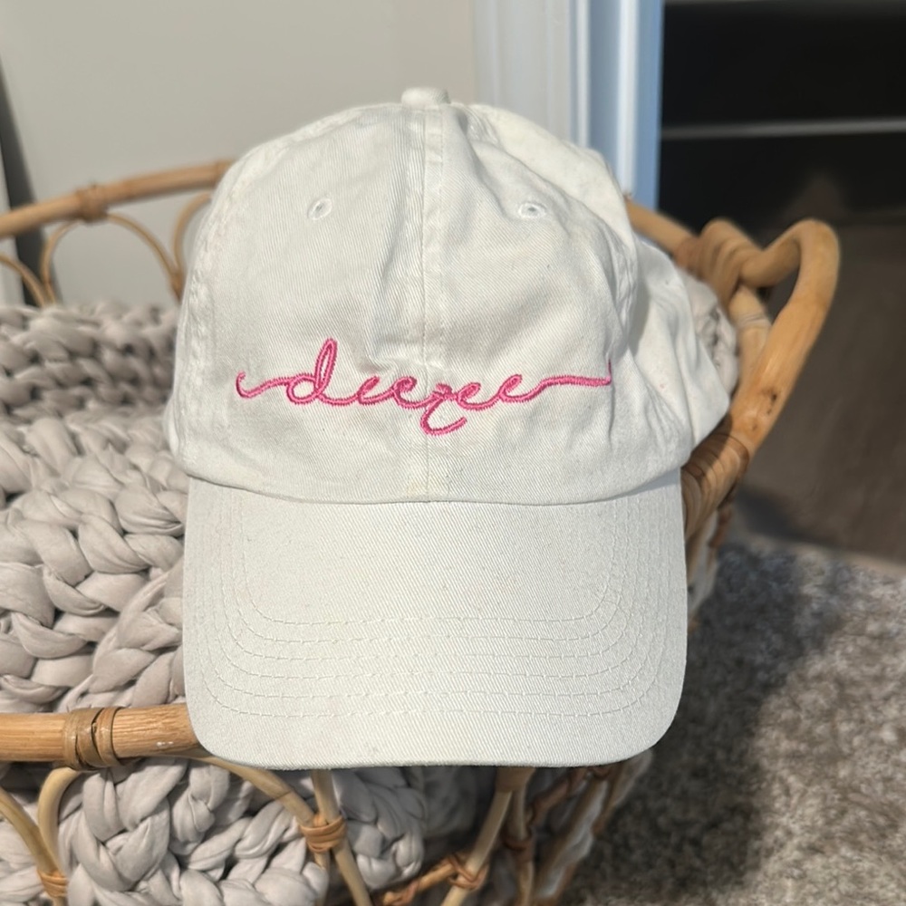 DeeZee (Delta Zeta) White Baseball Hat with pink embroidery